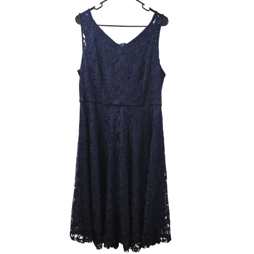 Vintage Womens XXL Navy Lace Fit Flare Dress Rockabilly 50s Pinup Cocktail Party